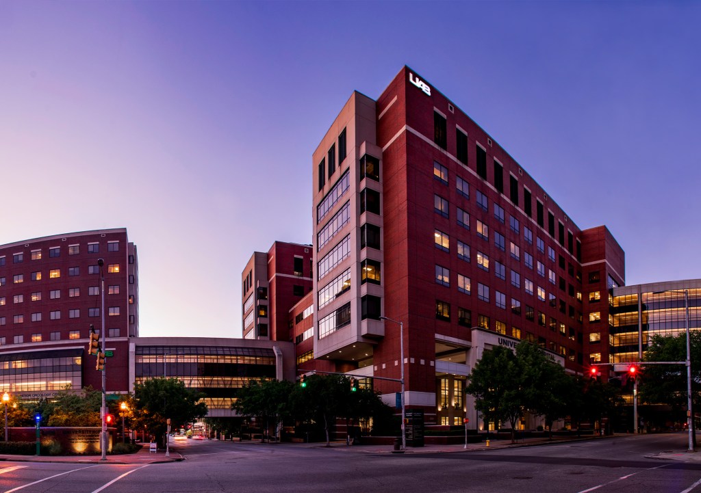 Photo of UAB Hospital exterior at sunset
