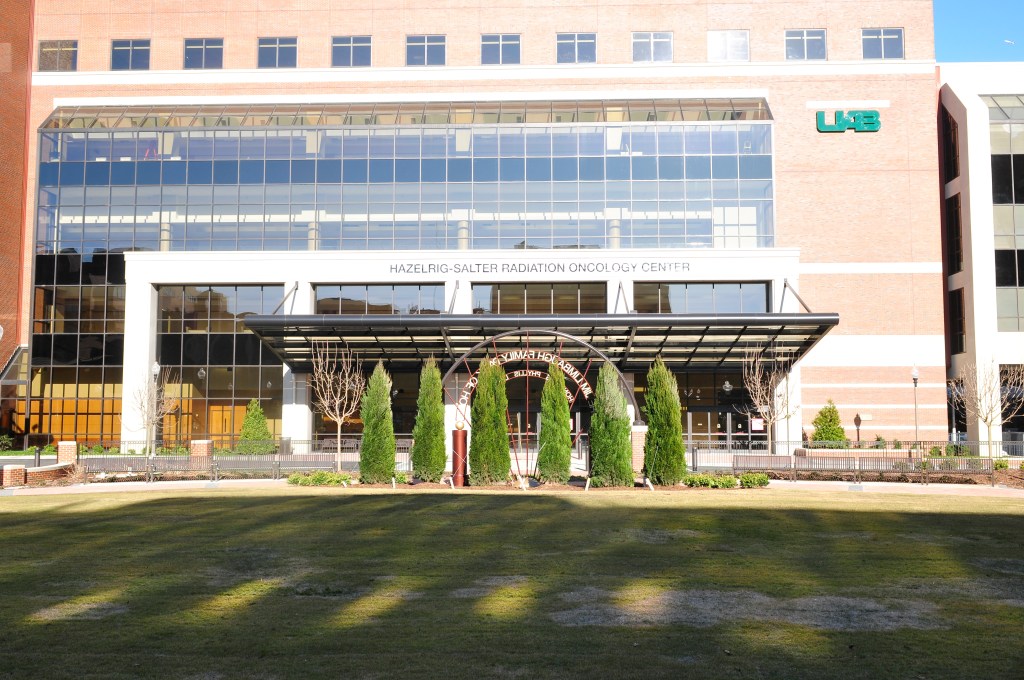 exterior photo of the Hazelrig-Salter Radiation Oncology Center during the daytime