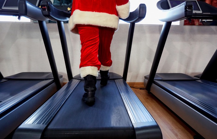 Santa walking on a treadmill