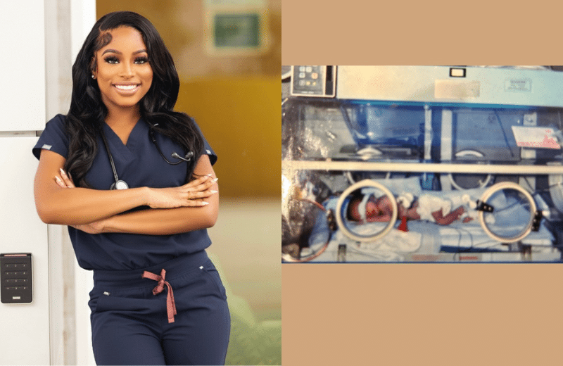 Andrea Blizzard, RN, MSN nursing headshot next to an image of herself as an infant in the NICU