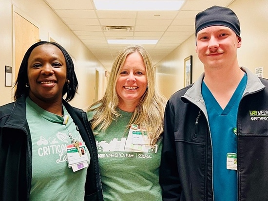 Some of the team behind the life-saving Cell Savers at UAB: Left to right, Lab Supervisor Winnie Ngaruiya-Gachie, MSQHS; Director of Critical Care Laboratories Susan Butler, MSHQS, MLS (ASCP); and Anesthesia Tech Lead Isaac Parson. Photo courtesy Susan Butler.
