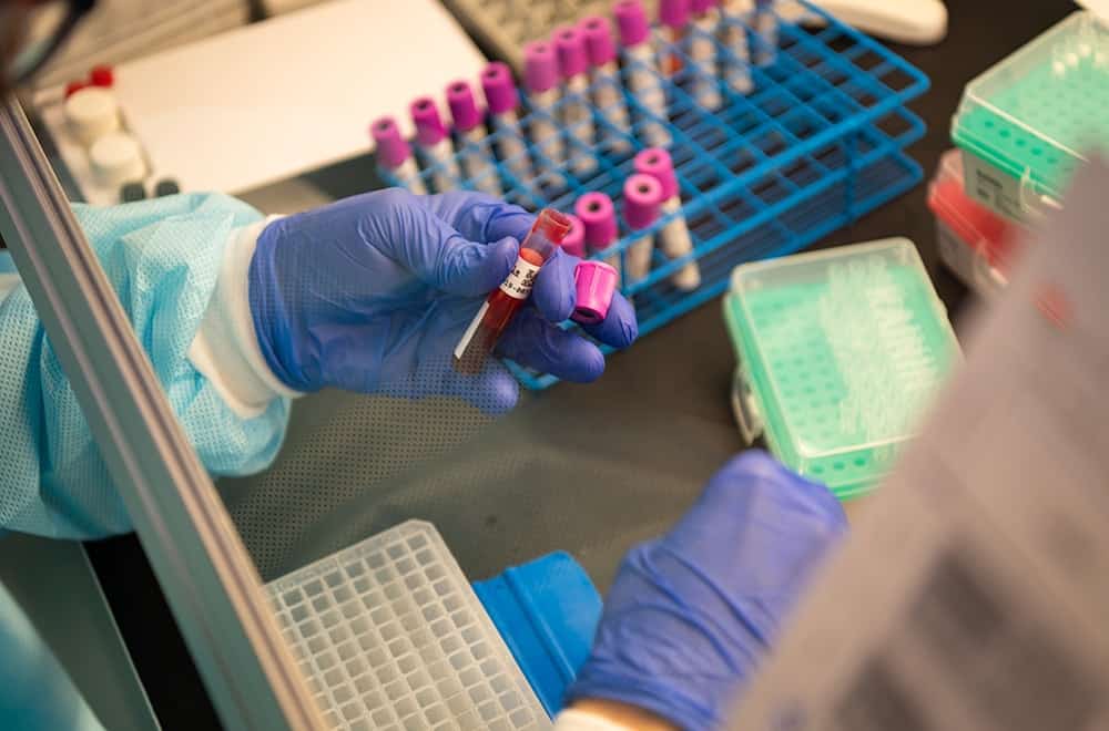 gloved hand holding a blood sample in a vile.