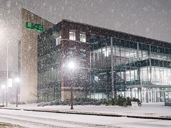 uab building while it is snowing