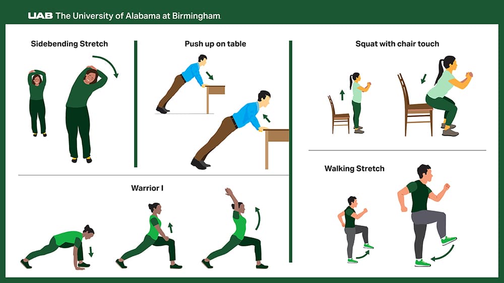 Infographic depicting exercises and movements that improve heart health